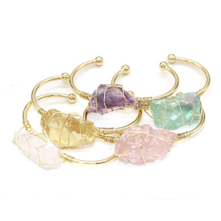 Wholesale gold plated jewelry DIY handmade wire wrap natural raw stone rose quartz amethyst bracelet cuff bangle