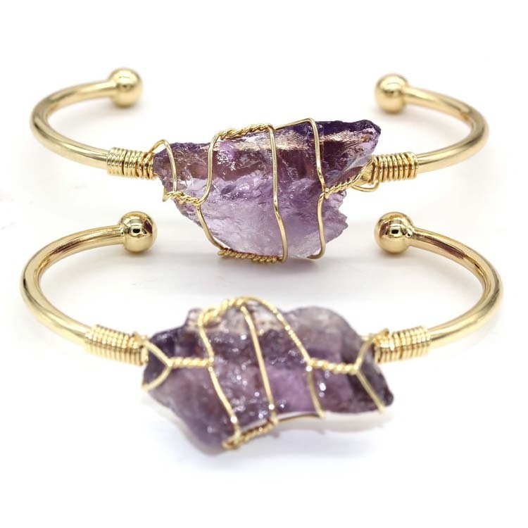 Wholesale gold plated jewelry DIY handmade wire wrap natural raw stone rose quartz amethyst bracelet cuff bangle