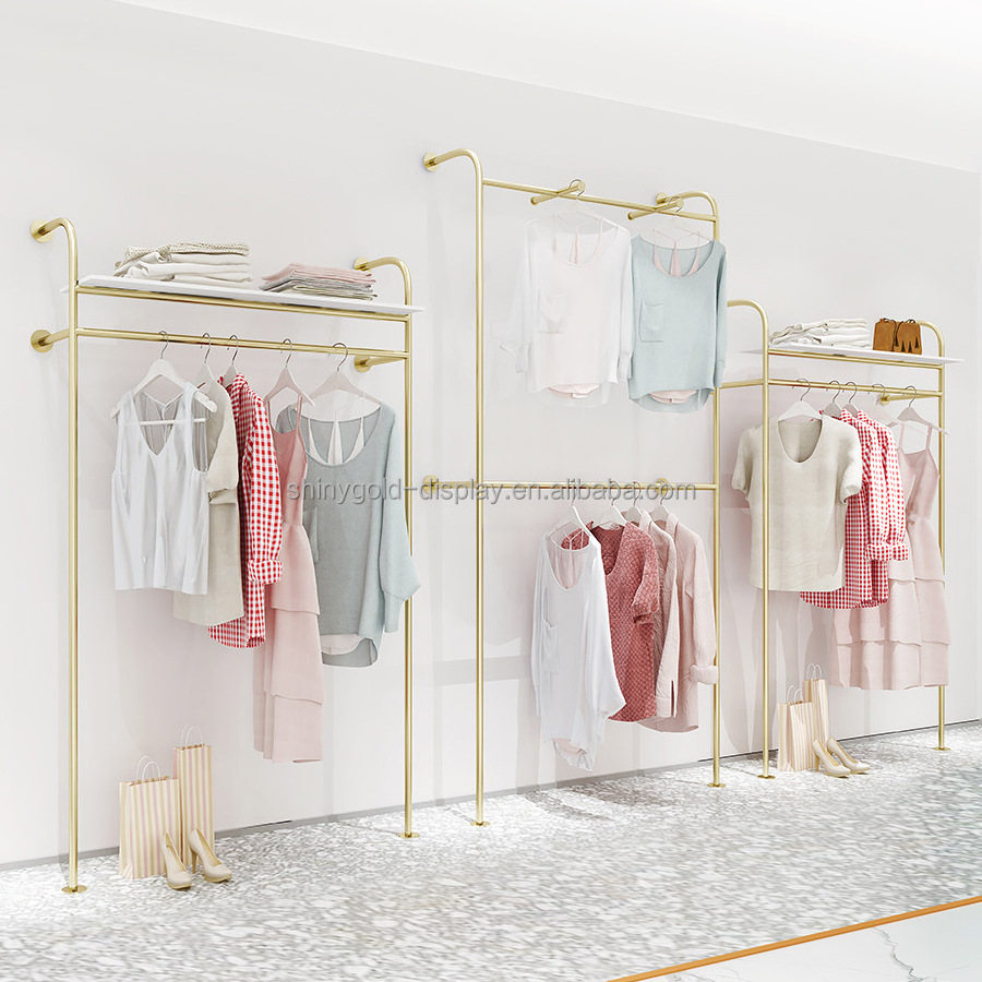 Luxury Gold Clothing Rack With White Marble MDF Coat Rack,Custom Garment Stand Chrome Wall Mounted Clothing Store Display Rack