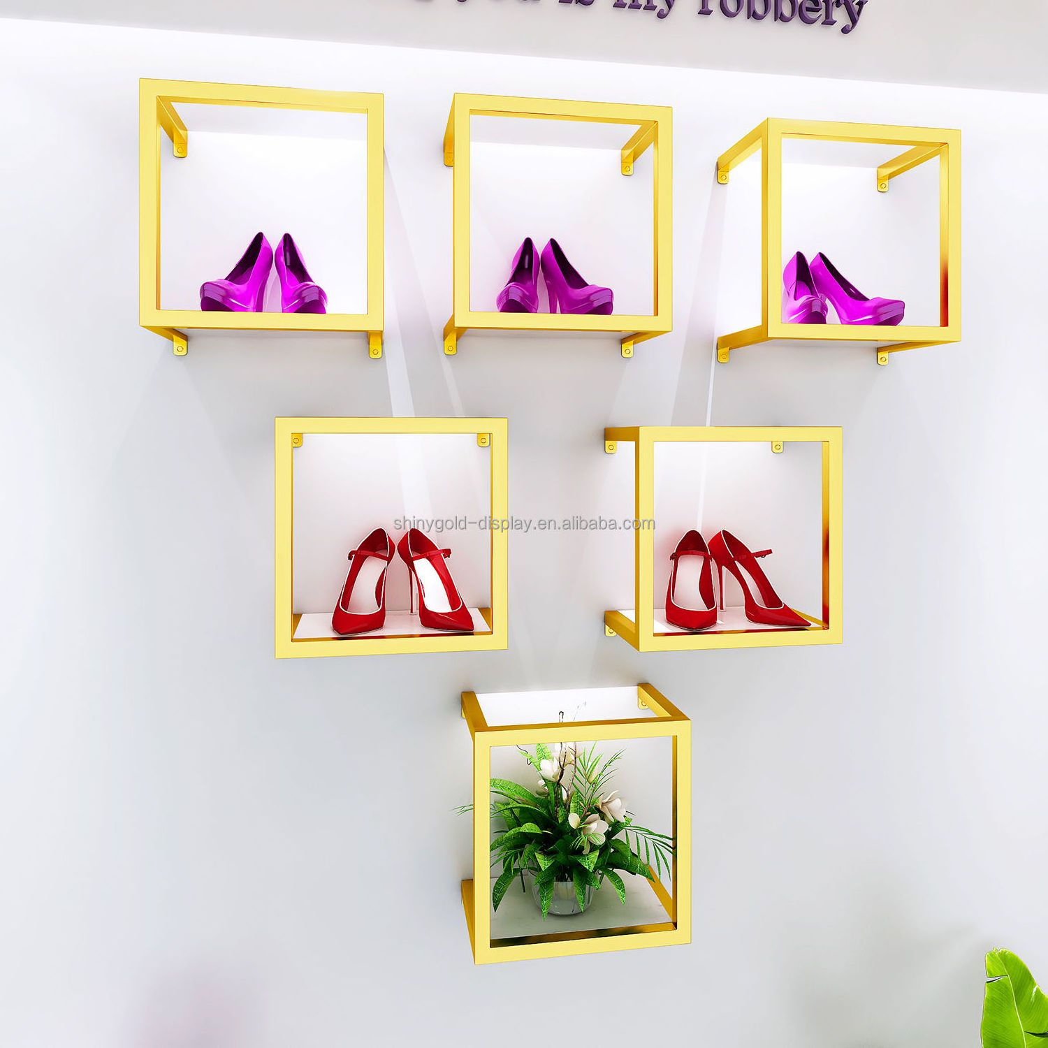 Boutique Interior Design Space Saving Wall Mounted Display Rack Frame Shelf for Shoe Bag Handbag Organizer Store Layout