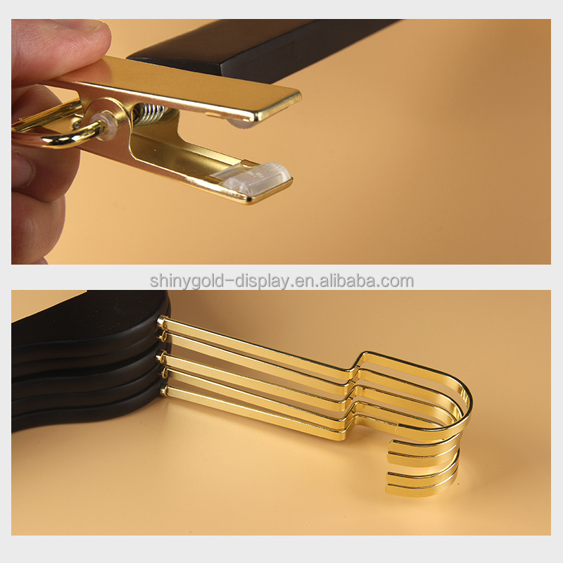 Customised Logo Clothes Wooden Non Slip Clip Coat Hanger Solid Wood Luxury Black Clothing Hanger with Gold Hooks