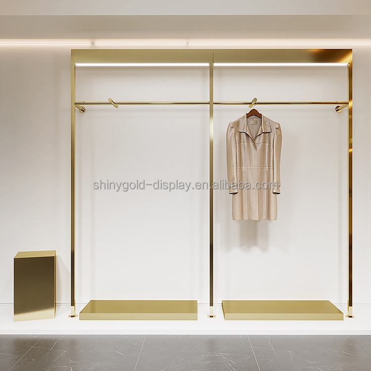 Customize Size Boutique Shop Clothes Coat Hanger Standing With LED Heavy Duty Clothing Wall Mount Rack Gold Display Stands