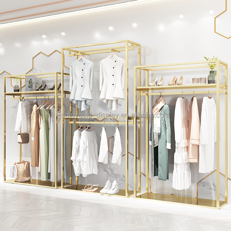 Custom Clothes Display Racks Store Stainless Steel Commercial Garment Shelving Gold Boutique Clothing Racks for Shop