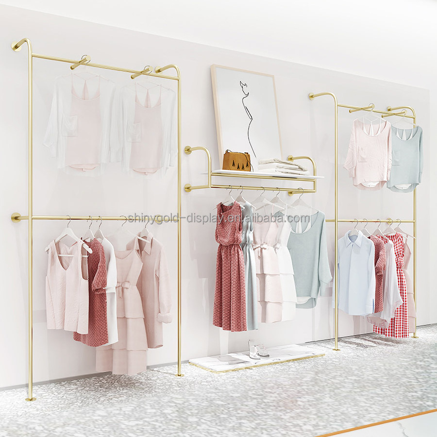 Luxury Gold Clothing Rack With White Marble MDF Coat Rack,Custom Garment Stand Chrome Wall Mounted Clothing Store Display Rack