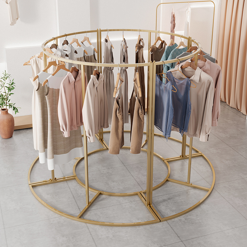 Shiny Golden Curved Standing Circular Clothes Display Rack Square Tube Beautiful Shoe Bag Storage Table For Clothing Stores