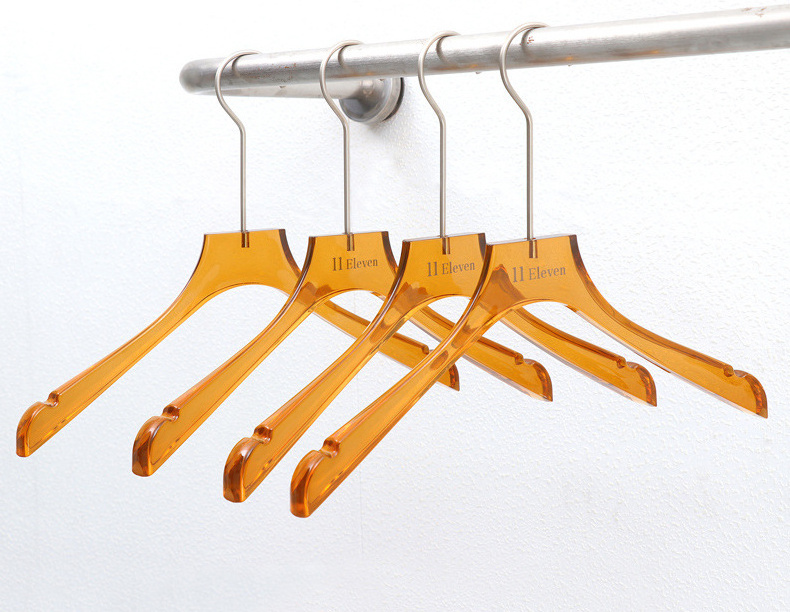 Customized Logo Clear Color Clothes Trousers Shirt Hanger Yellow Transparent Premium Acrylic Hanger with Gold Hook