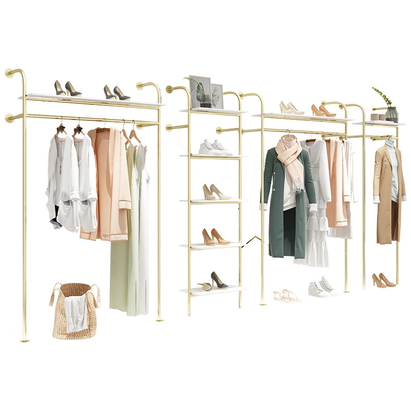 Luxury Gold Clothing Rack With White Marble MDF Coat Rack,Custom Garment Stand Chrome Wall Mounted Clothing Store Display Rack