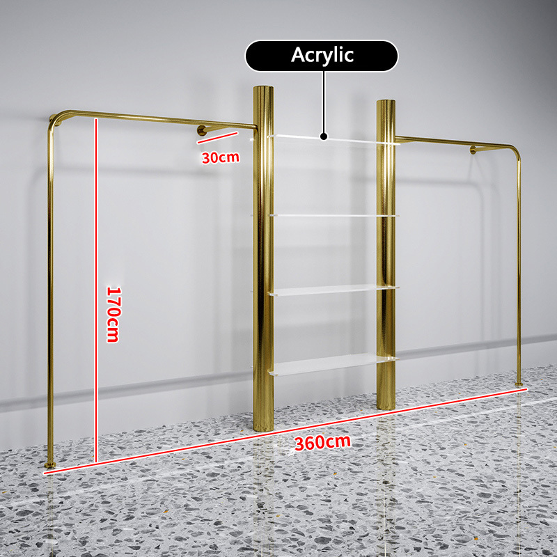 Luxury Clothing Store Acrylic Display Rack Shoe Bag Shelf Customize Wall Mount Gold Clothing Rack for Boutique