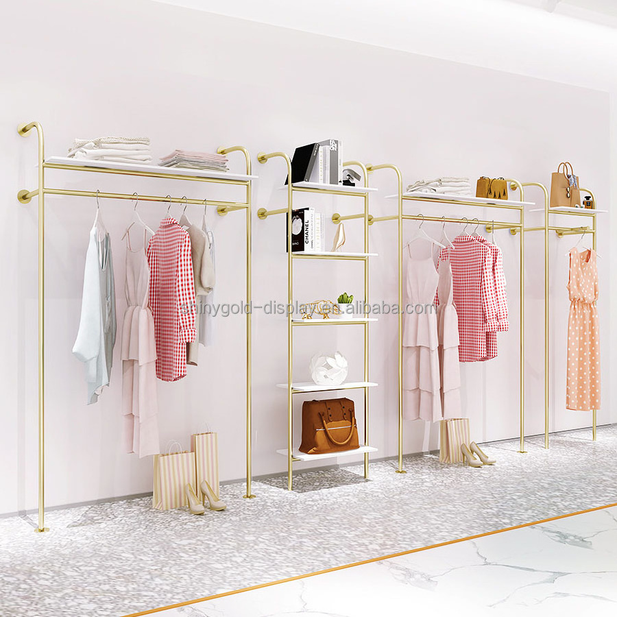 Luxury Gold Clothing Rack With White Marble MDF Coat Rack,Custom Garment Stand Chrome Wall Mounted Clothing Store Display Rack