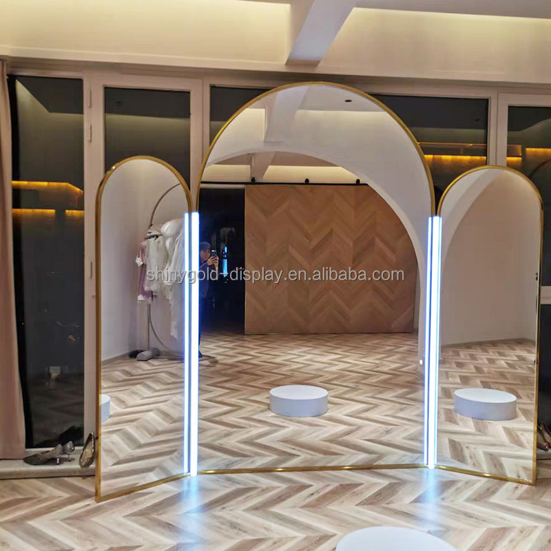 Custom Large Arched Three-fold Mirror Wedding Dress Fitting Standing Mirror Stainless steel Full-Length Floor Mirror for Shop