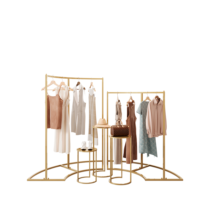 Shiny Golden Curved Standing Circular Clothes Display Rack Square Tube Beautiful Shoe Bag Storage Table For Clothing Stores