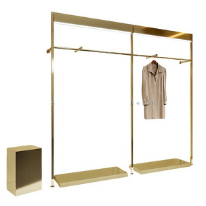 Customize Size Boutique Shop Clothes Coat Hanger Standing With LED Heavy Duty Clothing Wall Mount Rack Gold Display Stands