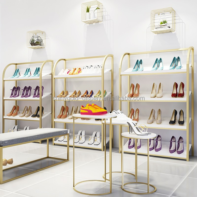 2022 best selling multi-layer shop furniture metal display stand Glossy stainless steel gold shoe bag display rack display shelf