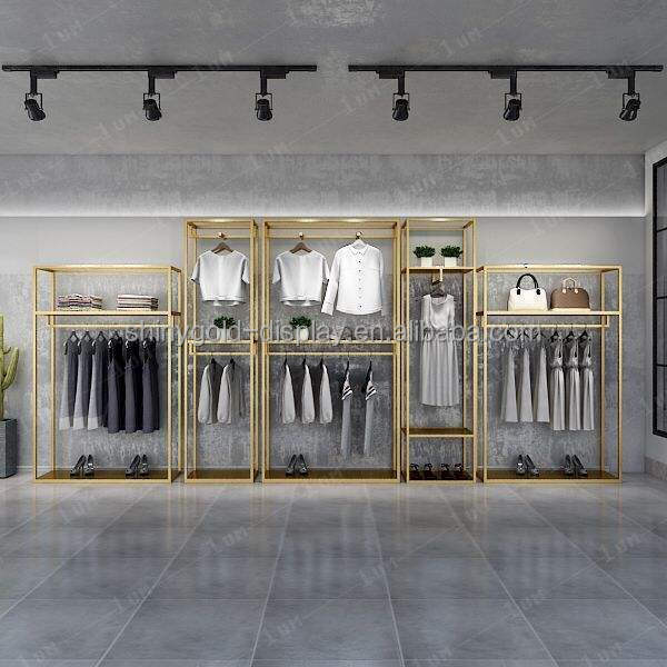 Commercial Luxury Display Garment Rack Shelf Clothing Shiny Gold Metal Boutique Clothing Rack for shops