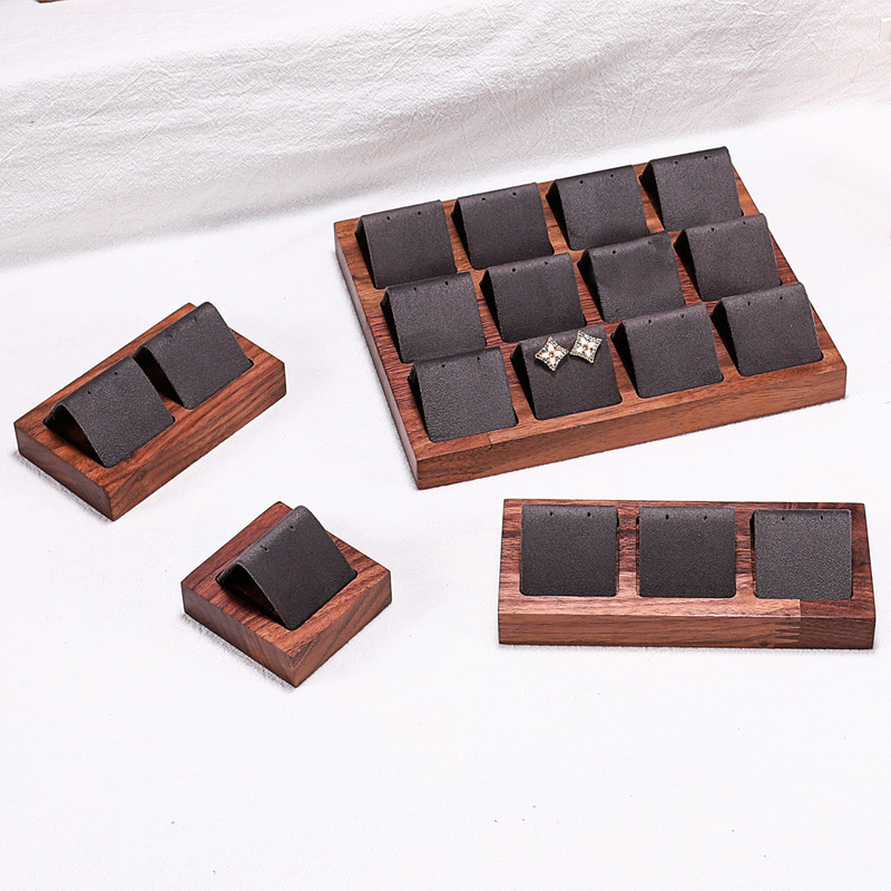 Luxury Walnut Wood 12 Grid Leather Velvet Case Jewelry Piercing Jewelry Earrings Display Tray with Display Case