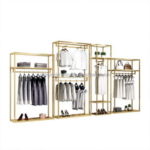 Commercial Luxury Display Garment Rack Shelf Clothing Shiny Gold Metal Boutique Clothing Rack for shops