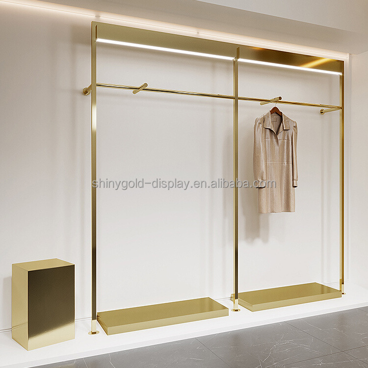 Customize Size Boutique Shop Clothes Coat Hanger Standing With LED Heavy Duty Clothing Wall Mount Rack Gold Display Stands