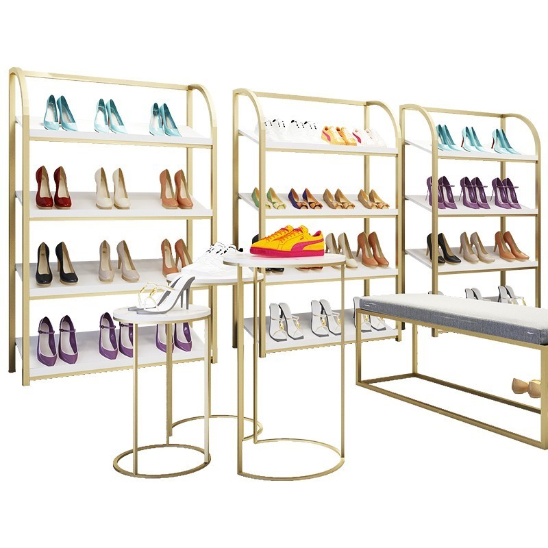 2022 best selling multi-layer shop furniture metal display stand Glossy stainless steel gold shoe bag display rack display shelf