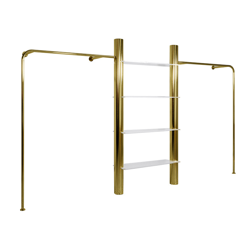 Luxury Clothing Store Acrylic Display Rack Shoe Bag Shelf Customize Wall Mount Gold Clothing Rack for Boutique