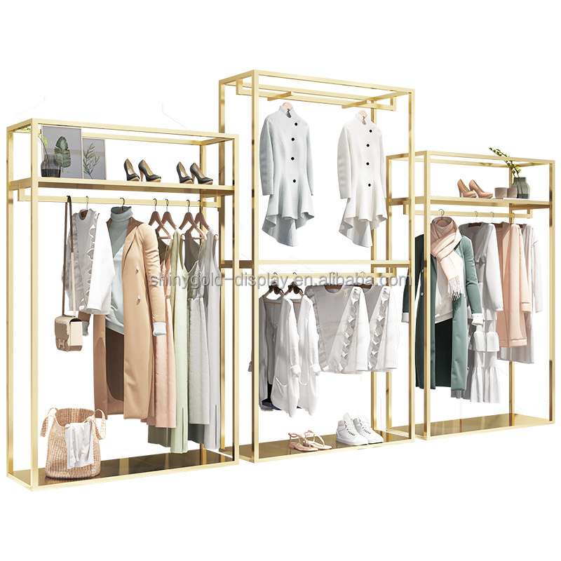 Custom Clothes Display Racks Store Stainless Steel Commercial Garment Shelving Gold Boutique Clothing Racks for Shop