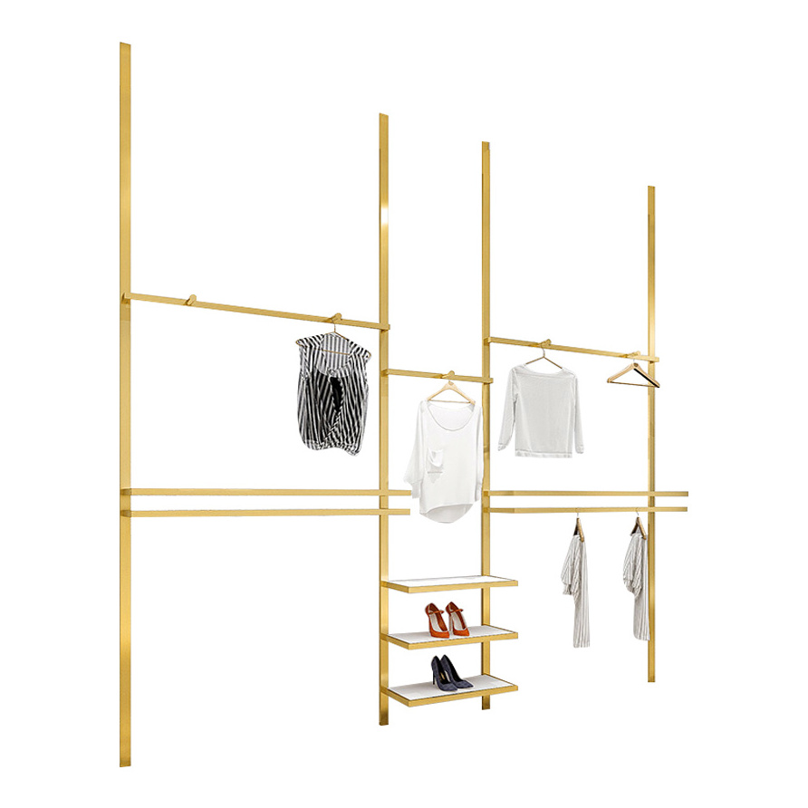 Boutique Store Custom Clothing Stand Metal Garment Display Rack Clothing Shops Gold Adjustable Wall Mounted Clothing Rack