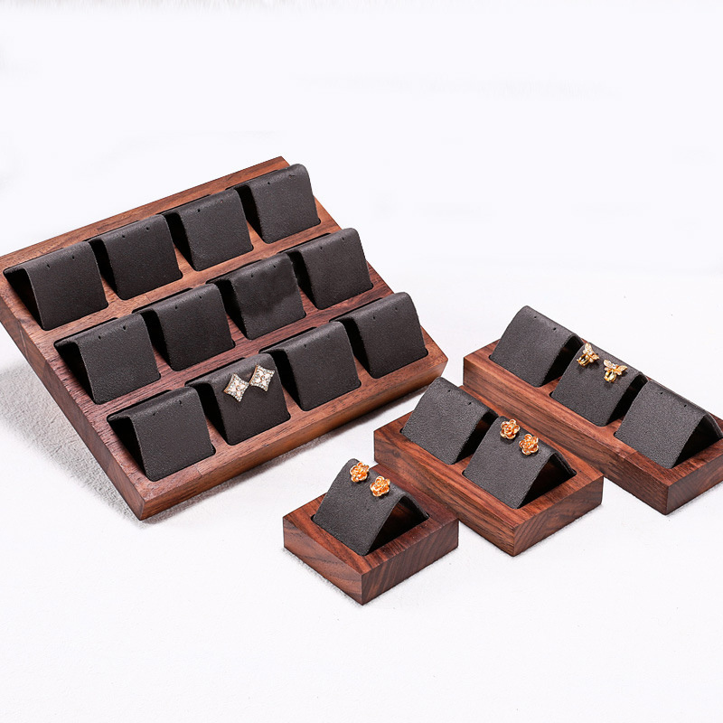 Luxury Walnut Wood 12 Grid Leather Velvet Case Jewelry Piercing Jewelry Earrings Display Tray with Display Case