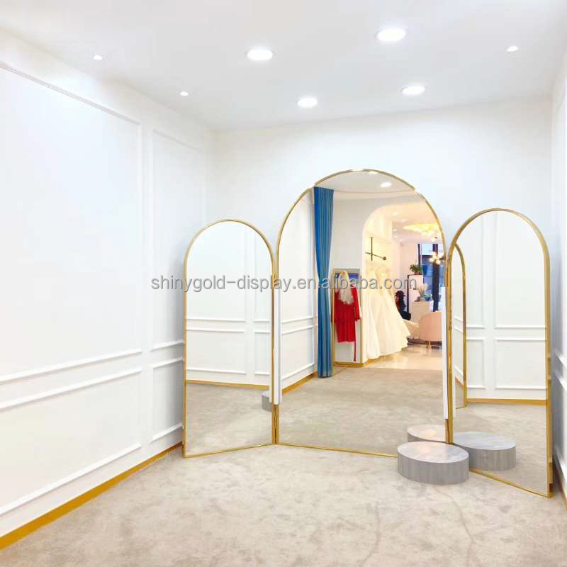 Custom Large Arched Three-fold Mirror Wedding Dress Fitting Standing Mirror Stainless steel Full-Length Floor Mirror for Shop