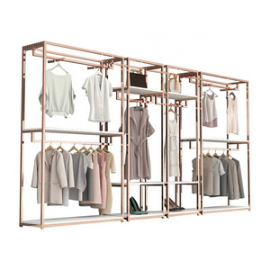 Retail Store Custom Lady Shop Design Display Clothing Racks Garment Shops Dress Display Stands Rose Gold Clothes Rack