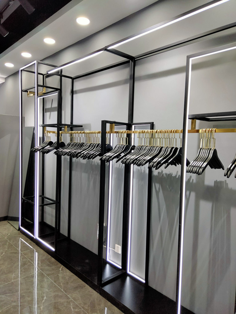 Custom Metal Cloth Display Stands Women Clothes Stand Black Clothing Store Display Rack With LED Light