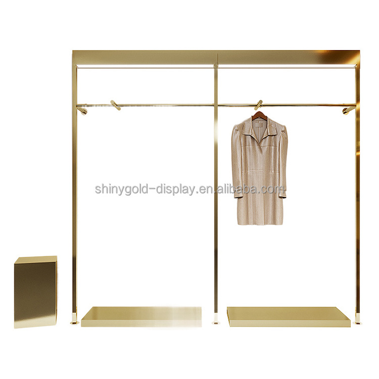 Customize Size Boutique Shop Clothes Coat Hanger Standing With LED Heavy Duty Clothing Wall Mount Rack Gold Display Stands