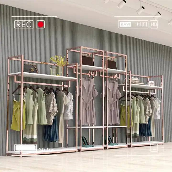 Retail Store Custom Lady Shop Design Display Clothing Racks Garment Shops Dress Display Stands Rose Gold Clothes Rack