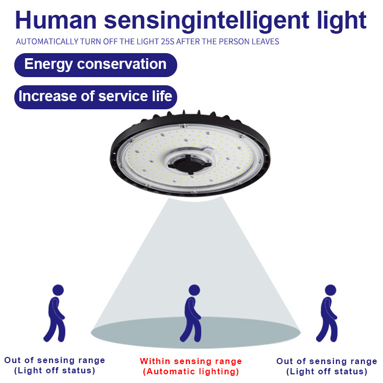 Industrial Warehouse 100 150 200 300w Motion Sensor Shop Garage 4000k LED ufo High Bay Light For Gymnasium