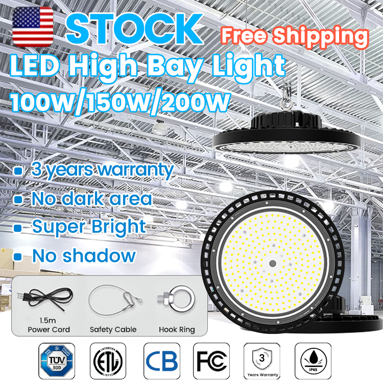 2pcs/ctn US Stock 3 Years Warranty 100W 150W 200W LED Commercial Industrial Lighting Warehouse UFO High Bay Light