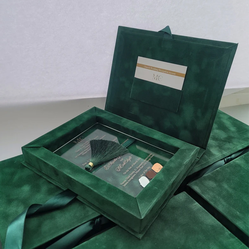 Creative Green Velvet Box Wedding Invitation Card With Custom Acrylic Wedding Invitations Box