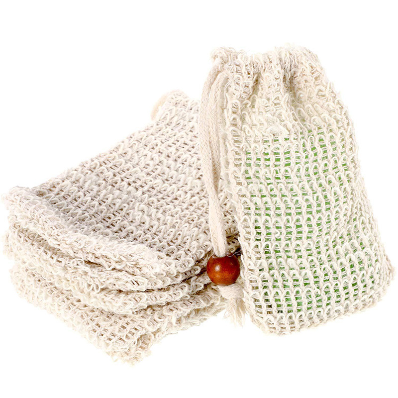 Custom Sisal Soap Saver Bags Small Drawstring Mesh Pouch Natural Cotton Heamp Biodegradable Knitting Sisal Soap Holder Pouch