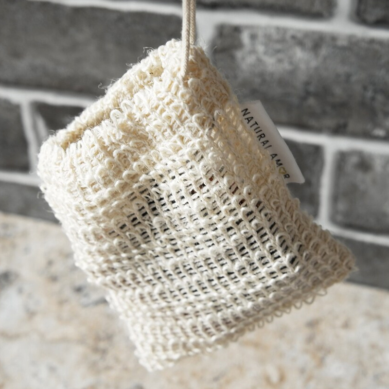 Custom Sisal Soap Saver Bags Small Drawstring Mesh Pouch Natural Cotton Heamp Biodegradable Knitting Sisal Soap Holder Pouch