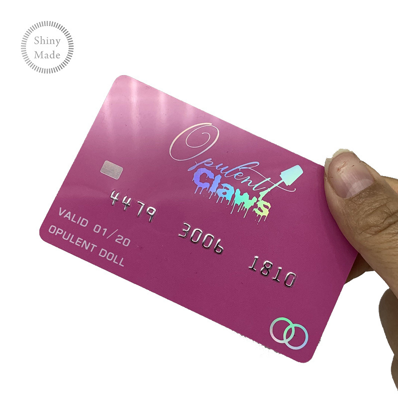 Custom credit card style business cards with embossed number and holographic overlay for pvc business card