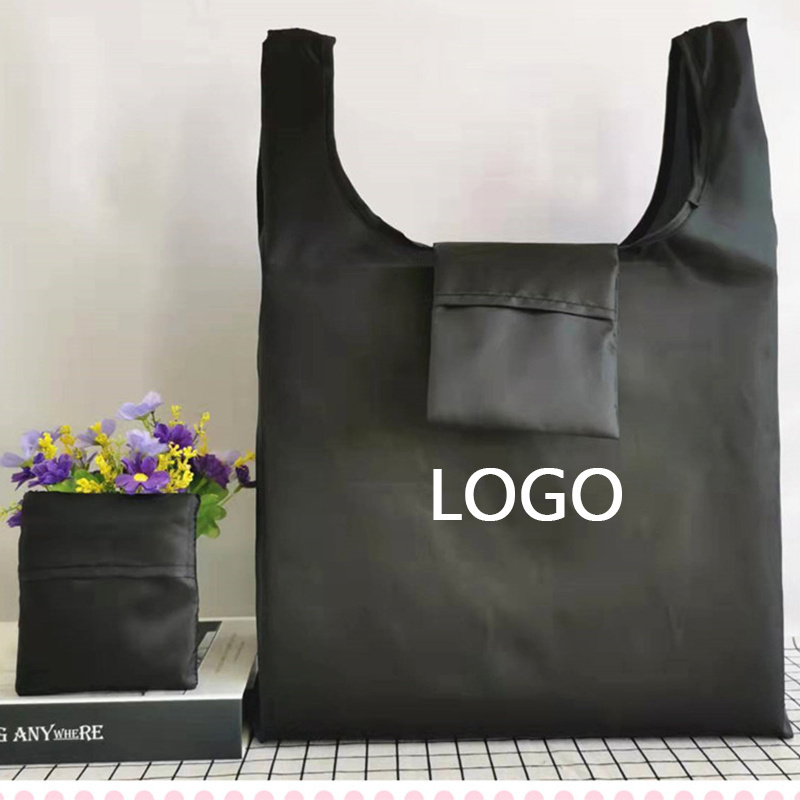 Custom Logo 210D Thick Polyester Foldable Grocery Shopping Bag Nylon Foldable Grocery bag With Pouch Ripstop