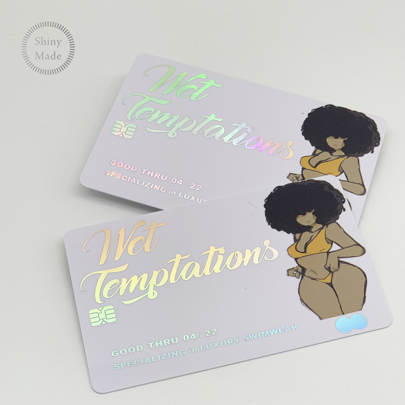 Custom credit card style business cards with embossed number and holographic overlay for pvc business card