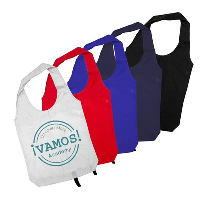 Custom Logo 210D Thick Polyester Foldable Grocery Shopping Bag Nylon Foldable Grocery bag With Pouch Ripstop