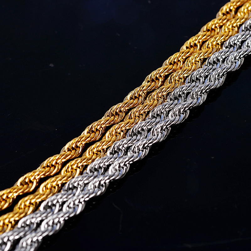 New Hiphop 3mm 30 inch Stainless Steel Rope Chain Necklace 18K Yellow Gold Twist Chain for Men Wholesale Price