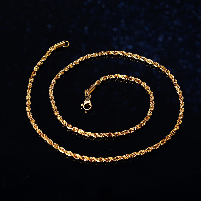 New Hiphop 3mm 30 inch Stainless Steel Rope Chain Necklace 18K Yellow Gold Twist Chain for Men Wholesale Price