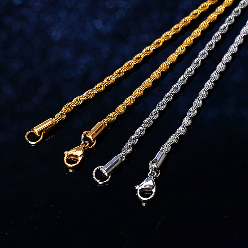 New Hiphop 3mm 30 inch Stainless Steel Rope Chain Necklace 18K Yellow Gold Twist Chain for Men Wholesale Price