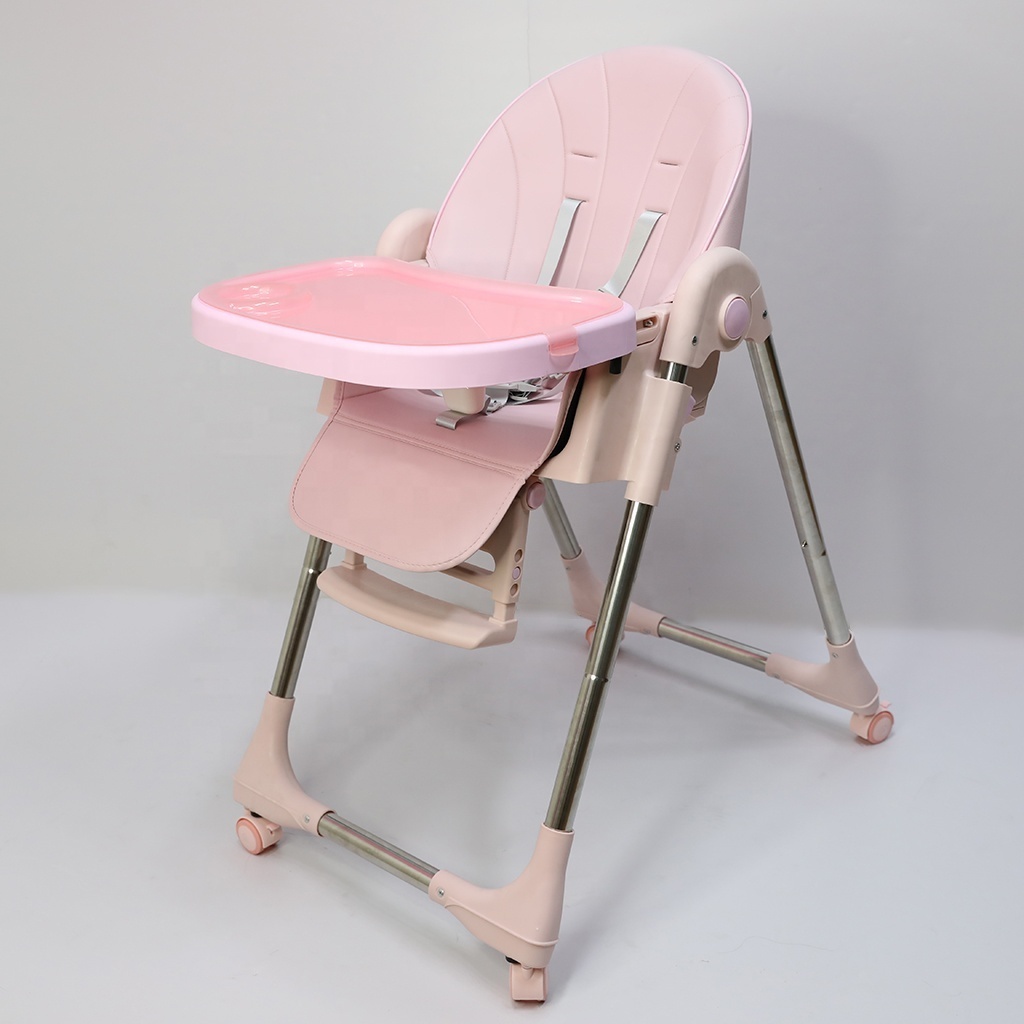 Adjustable Height Foldable Unique Portable Folding Plastic Kids Eating Dining Baby High Chair With Wheels For Children Feeding