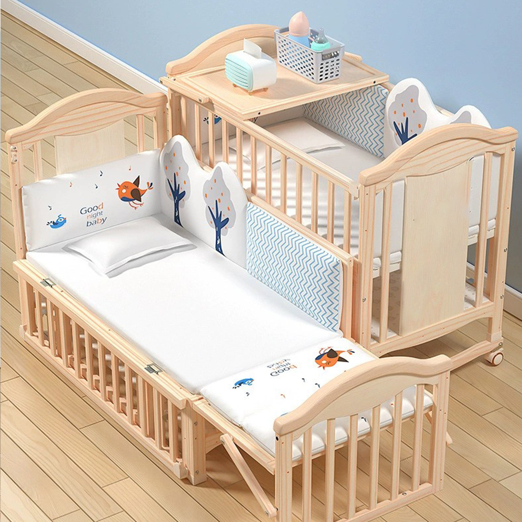 Adjustable Height Multifunction Convertible Toddler Sleeping Bed Swing Rocking Solid Wood Kids Cribs For Baby With Bumpers