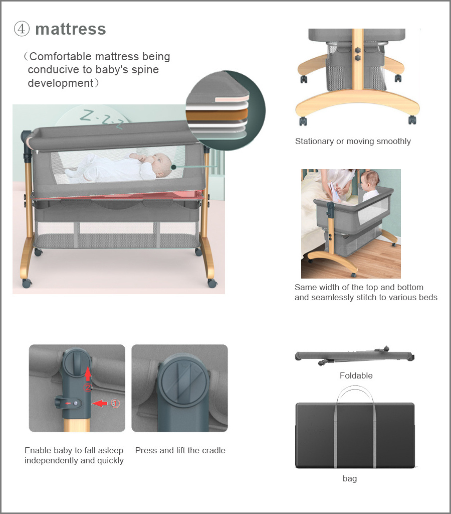 Easy Folding Adjustable Height Portable Wooden leg Infant Newborn Baby Bedside Co Sleeper Bed With Storage Basket Mosquito Net