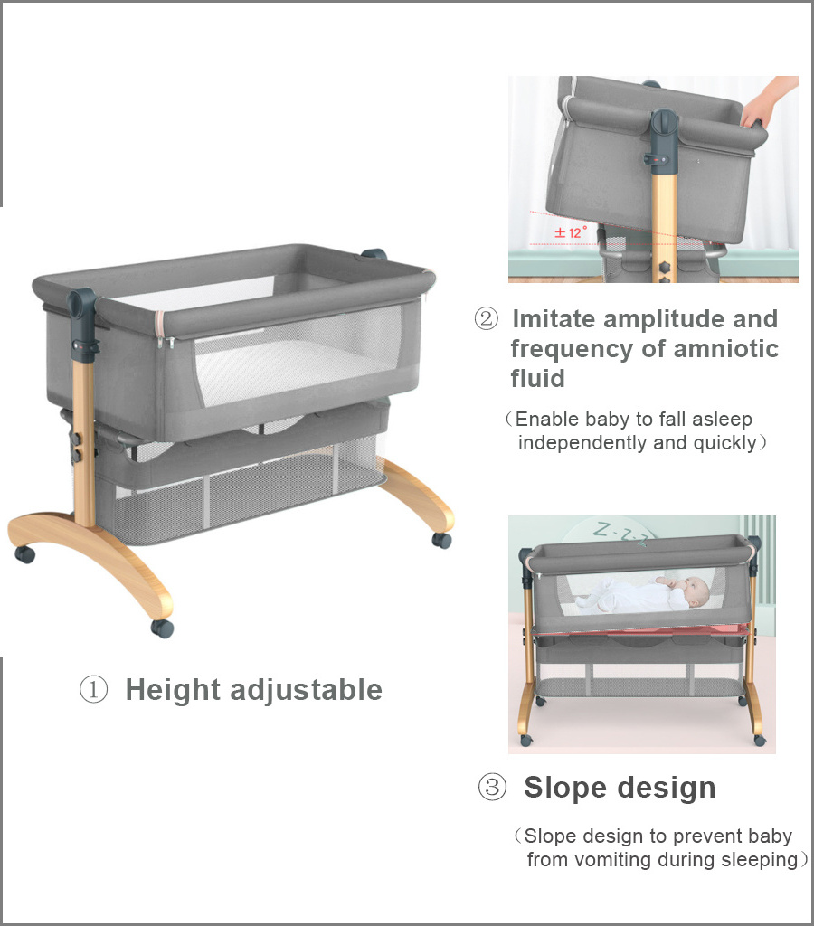 Easy Folding Adjustable Height Portable Wooden leg Infant Newborn Baby Bedside Co Sleeper Bed With Storage Basket Mosquito Net