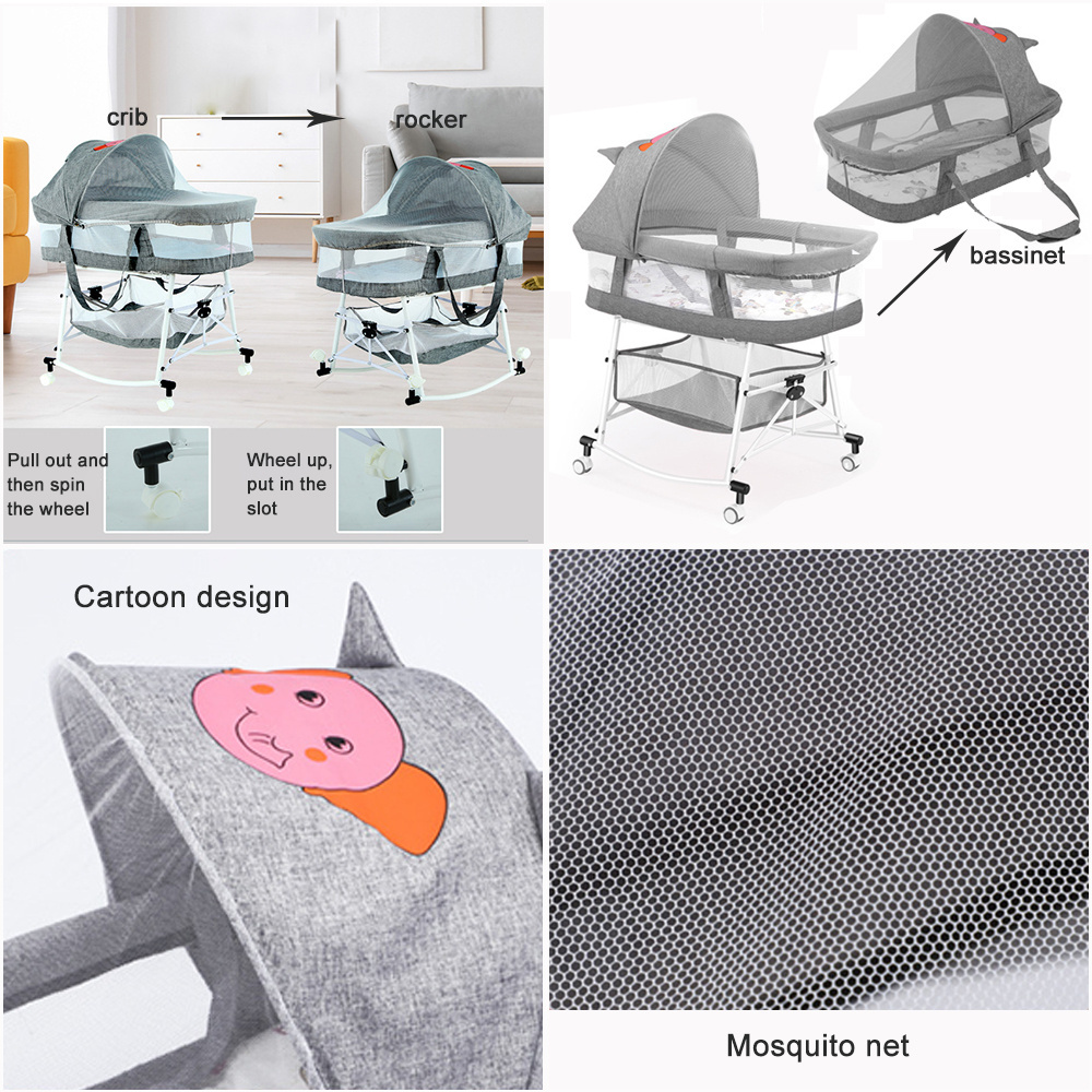 Folding Portable Breathable Mesh Sleeper Rocker Newborn Baby Bassinet Crib With Storage Basket Wheel Mosquito Net