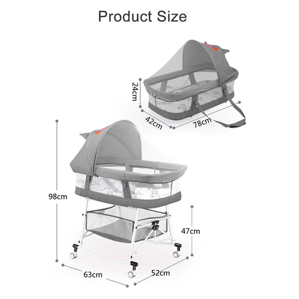 Folding Portable Breathable Mesh Sleeper Rocker Newborn Baby Bassinet Crib With Storage Basket Wheel Mosquito Net