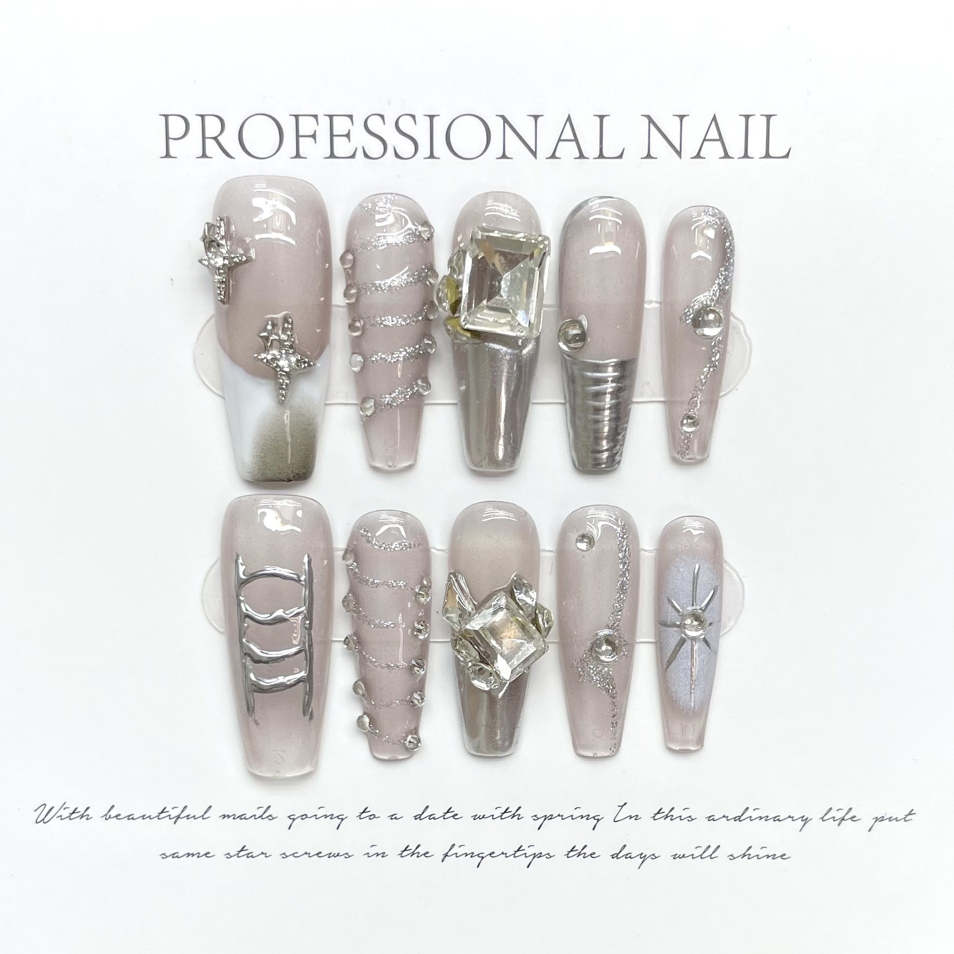 Super Luxury Designs Private Label Long Handmade Gel Press On Nails False Artificial Fingernails Full Cover French Bling Nails